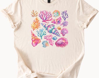 Colorful coral and seashells beach ocean marine life graphic t shirt summer sea themed coastal aesthetic tropical shell art tee