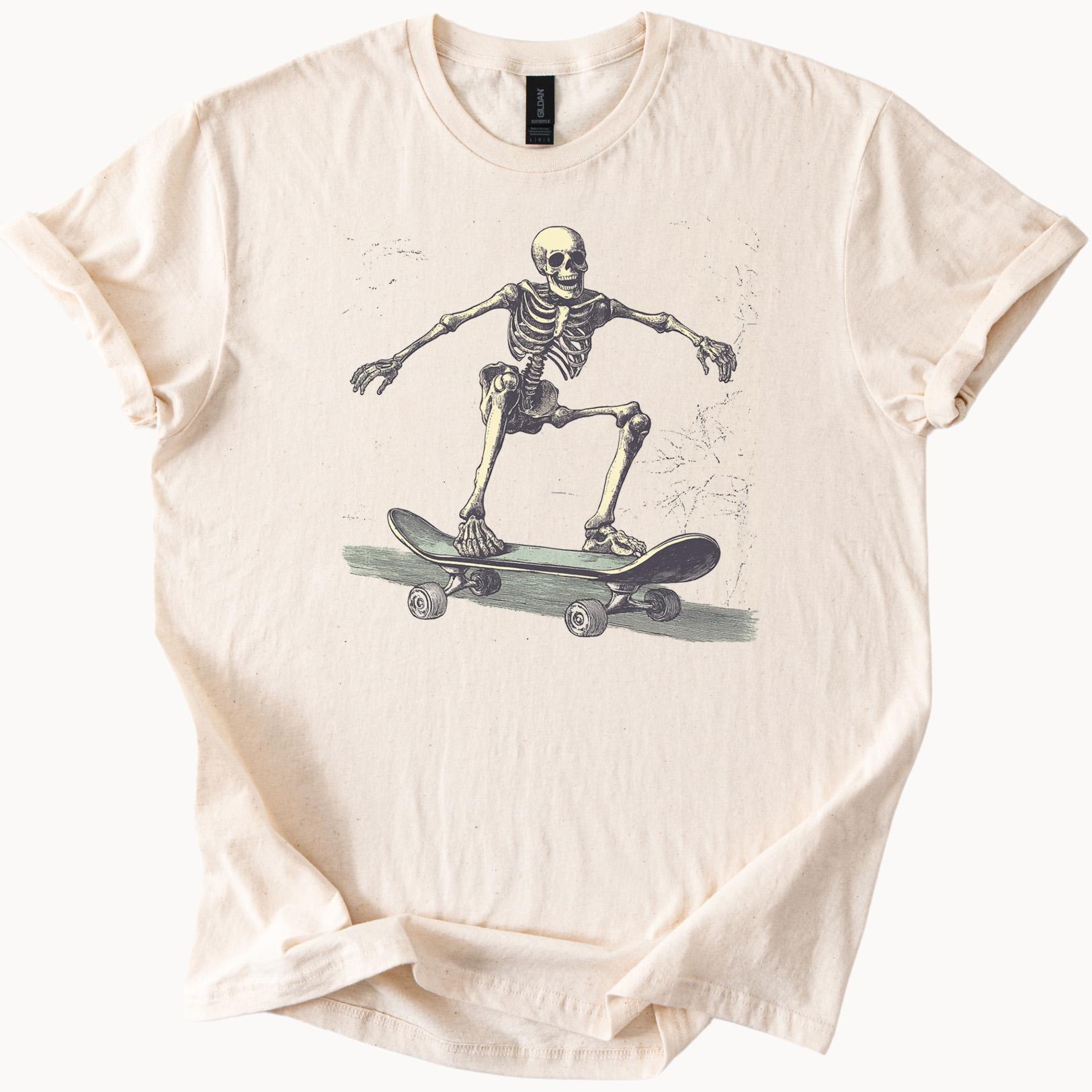 Skateboarding Skeleton T Shirt Funny Skull Rider Tee Unique Skater Graphic Shirt Cool Bones Skateboarder Apparel Gift Idea