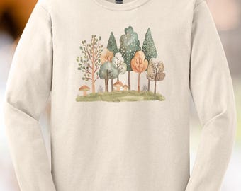Forest Trees Nature Shirt Earthy Woodland Art Long Sleeve Top Fall Graphic Outdoor Hiking Tee Cute Mushroom Print