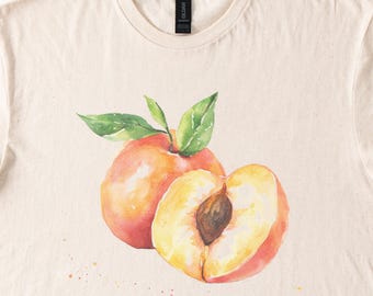 Peach Fruit Watercolor Graphic Tee Summer Softstyle Shirt Natural Color Unisex Cotton T Shirt with Hand Painted Style Design