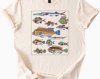 Colorful tropical fish art print graphic t shirt ocean sea life marine biology aquarium fish lover shirt nature illustration beach aesthetic
