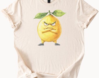 面白い怒ったレモンの顔のTシャツ、かわいいフルーツキャラクターの
