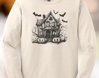 お化け屋敷のハロウィン長袖シャツ、不気味なコウモリとジャック・オー・ランタンのグラフィックTシャツ、ハロウィンファンのための幽霊パンプキン秋シャツ