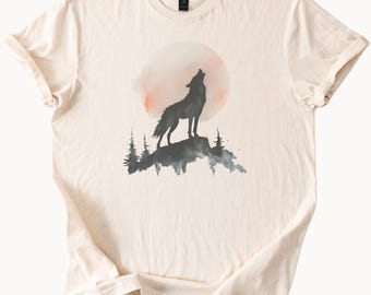 Howling Wolf Graphic T Shirt Nature Forest Moon Silhouette Animal Art Tee Wilderness Mountain Scene Watercolor Style Shirt