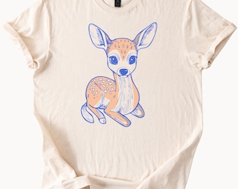 Cute Fawn Shirt Boho TShirt Baby Deer Graphic Tee Woodland Animal Shirt Retro Illustration