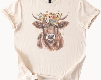 Boho-skjorta med blommig krona för höglandsko, gårdsdjur, cowgirl, western, rustik, akvarell, ko-tryck, gåva