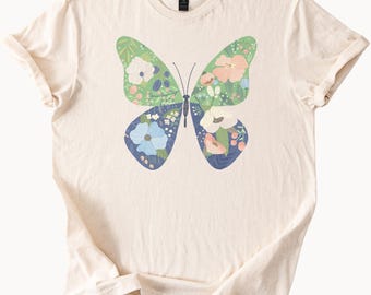 Butterfly Floral Graphic T Shirt Pastel Flower Butterfly Shirt Spring Garden Nature Tee Boho Butterfly Outfit Gift Soft Aesthetic Shirt