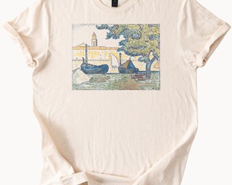 Camiseta gráfica de Van Gogh con barcos en Saintes Maries, arte impresionista, ropa artística, diseño único.