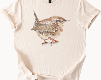 Akvarell Wren fågel grafisk skjorta naturkonst fågelskådare gåva handmålad stil sångfågel skogsmark djurliv t-shirt för fågelälskare