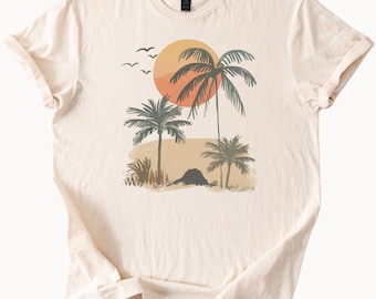 Palmen-Sonnenuntergang-Grafik-T-Shirt mit tropischem Strandmotiv, Sommer-Natur-Kunst, Ozean, Sonne, Sand, Unisex, lockere Passform, weiches Komfort-Top