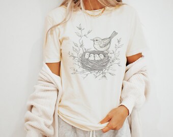 Bird and Nest Ink Drawing Boho Tee