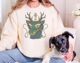 용 Korean Dragon Rising with Antlers and Gold Circle Sweatshirt