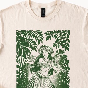 May include: A green and white illustration of a woman in a hula skirt dancing in a tropical jungle setting.