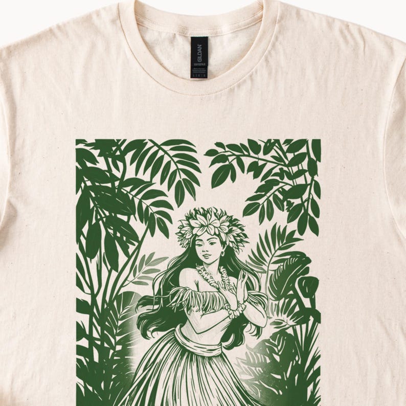 May include: A green and white illustration of a woman in a hula skirt dancing in a tropical jungle setting.
