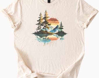 Mountain sunset pine tree lake reflection shirt nature hiking forest art tee