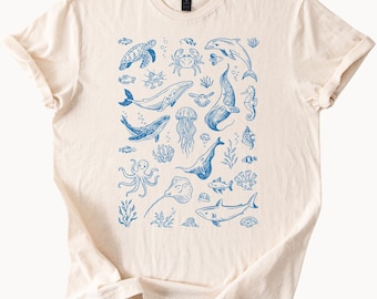 Ozean-Tier-Grafik-T-Shirt Sea Life-Illustrations-T-Stück mit Walhai-Delfin-Oktopus-Schildkröten-Qualle Meeresgeschöpfen Kunst