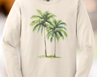 Palm Tree Graphic Long Sleeve T Shirt Tropical Beach Nature Aesthetic Watercolor Summer Tee Casual Top Soft Cotton Shirt