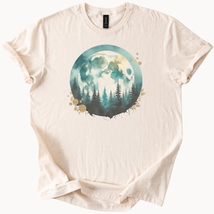 Vollmond Wald Aquarell Grafik T-Shirt Natur Nachthimmel Kunst Shirt Outdoors Wildnis Lunar Bäume weiche Baumwolle TShirt Geschenk