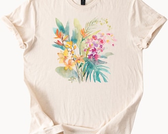 Watercolor Tropical Floral Bouquet Tee Colorful Flower Graphic Shirt Nature Art Print Botanical Leaf TShirt Summer Beach Shirt 2025 Fashion