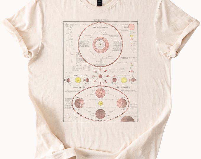 Solar system chart graphic t shirt educational space astronomy planets star map sun and earth science theory seasons unisex tee