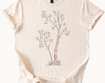 Hand Drawn Minimalist Tree Illustration Nature Graphic Tee Simple Botanical Art Shirt Casual Organic Cotton Forest Gift Top