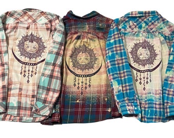 Boho bleached flannel shirt, upcycled clothing, sun mandala shirt, astronomy shirts, cute shirt, gift for friend, custom made shirt bohemian