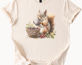 Cute Squirrel Drinking Tea with Basket of Berries Graphic T Shirt Woodland Animal Nature Lover Gift Aesthetic Forest Animal Tee