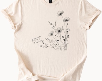 Camiseta con diseño de flores silvestres, camiseta botánica, camiseta con estampado floral lineal, regalo para amantes de la naturaleza, camiseta con estampado floral sencillo.