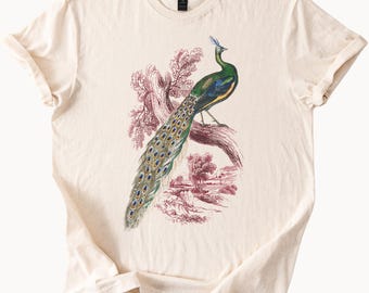 Peacock Shirt Graphic T Shirt Natural Beige Color Cotton Bird Lover Tee Unique Animal Design Top Wildlife Fashion Apparel