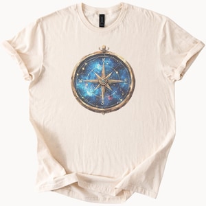 Camiseta con diseño de rosa de los vientos celestial con mapa estelar galáctico, dirección norte-sur-este-oeste, estilo náutico, para explorador espiritual.