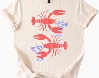 Hummer und Margarita Grafik-T-Shirt Spaß-Sommer-Strand-Party-Shirt Niedliche rote Hummer mit Cocktails Einzigartiges Küstenmeeresfrüchte-T-Shirt