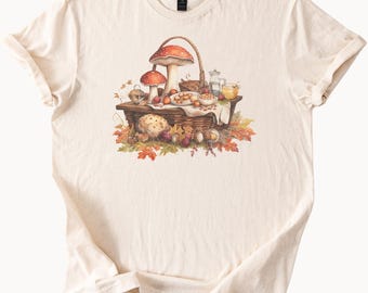 Mushroom Picnic Graphic Tee Fall Forest Food Basket Autumn Leaves Nature Illustration Shirt Woodland Fungi Art T Shirt