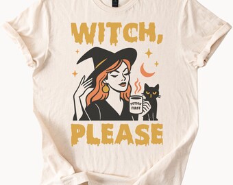 Funny Witch Please T Shirt Halloween Graphic Tee with Black Cat and Coffee Potion Spell Cute Wiccan Aesthetic Witchy Shirt