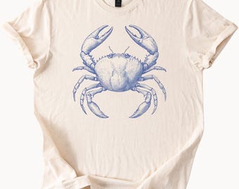 Blue Crab Art Graphic T Shirt Detailed Ocean Animal Drawing Tee Coastal Marine Life Summer Shirt Beach Fashion Soft Cotton Top