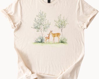 Deer and Fawn Watercolor Forest Nature Graphic Tee Woodland Animals Shirt Wildlife Art Outdoors TShirt Botanical Gift