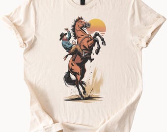 Cowboy Riding Rearing Horse Western Sunset Graphic T Shirt Rodeo Ranch Style Cowboy Tee Country Western Horseback Rider Shirt