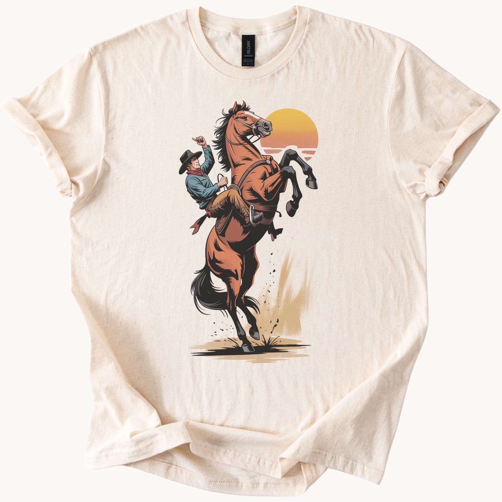 Cowboy Riding Rearing Horse Western Sunset Graphic T Shirt Rodeo