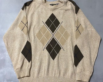 Vintage Gulf Traders Sweater Mens Size XL beige brown argyle preppy long sleeve pullover