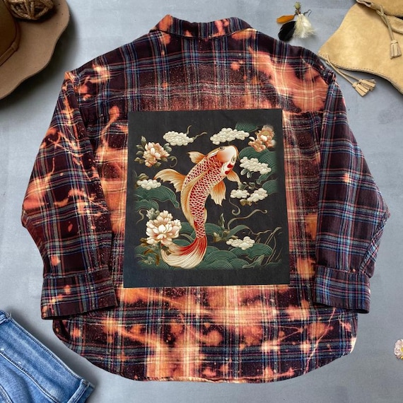 Koi Fish Patch Flannel Shirt Japanese Art Graphic Upcycled Plaid
