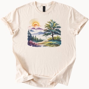 Watercolor Mountain Sunset T Shirt Nature Landscape Tee Outdoors Graphic Top