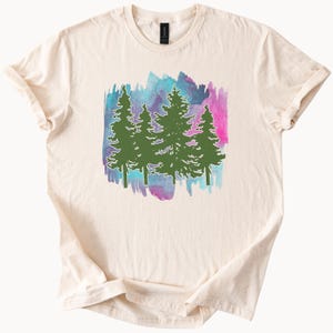 Evergreen Pine Tree Forest Graphic T Shirt Watercolor Nature Art Tee Outdoorsy Hiking Adventure Shirt Colorful Trees Woodland Top