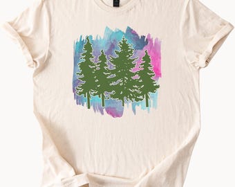 Evergreen Pine Tree Forest Graphic T Shirt Watercolor Nature Art Tee Outdoorsy Hiking Adventure Shirt Colorful Trees Woodland Top