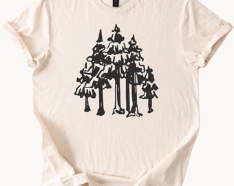 Abstract Black Forest Tree Line Graphic Nature Art Outdoors Hiking T Shirt Eco Woodland Design Soft Cotton Shirt Camping Tee