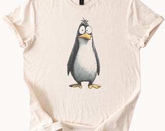 Funny Cartoon Penguin Graphic T Shirt Cute Animal Illustration Tee Unique Penguin Lover Gift Soft Comfy Casual Shirt for Adults