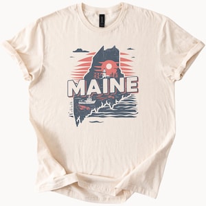 Camiseta con gráfico de Maine, faro, langosta, barco, océano, atardecer, naturaleza, paisaje, mapa del estado, recuerdo de Maine, regalo para viajeros