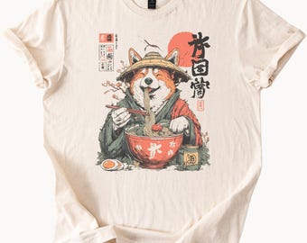 Corgi Eating Ramen Graphic T Shirt Japanese Noodle Dog Art Cute Animal Food Lover Tee Kawaii Cartoon Asian Cuisine Apparel