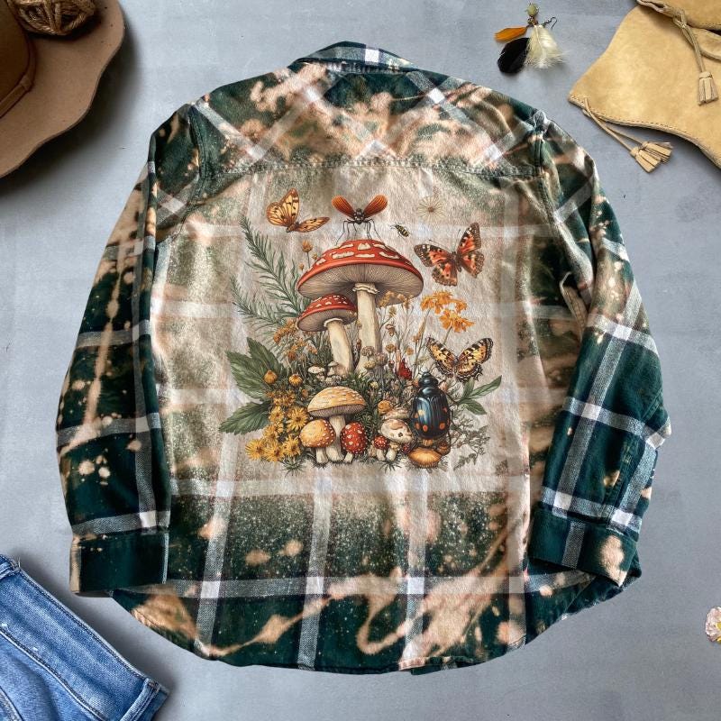 Mushroom Graphic Bleached Flannel Shirt Artsy Boho Aesthetic Custom Flannel Unique Festival Shirt Plaid CottageCore Clothing