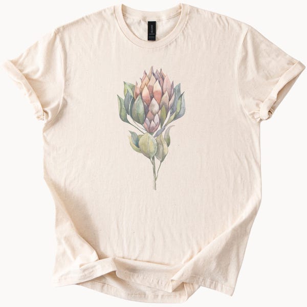 Watercolor Protea Flower Graphic Shirt Soft Botanical Plant Illustration Tee Shirt Nature Inspired Gildan Unisex Cotton Top