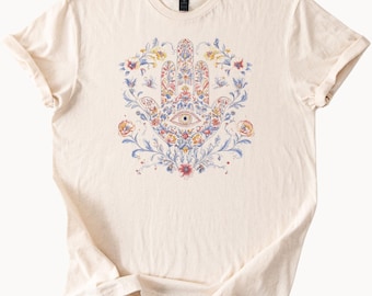 Hamsa Hand Eye Floral Graphic T-Shirt Natural Cotton Tee Spiritual Boho Shirt