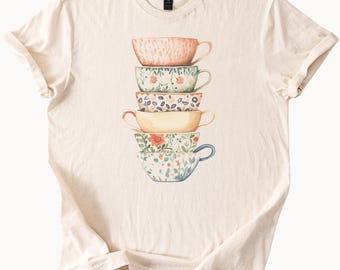Stacked Floral Teacups Graphic T Shirt Watercolor Coffee Cup Shirt Cute Tea Lover Gift Aesthetic Boho Art Tee Casual Top